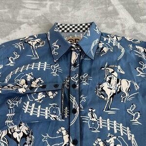 CR Ranchwear Shirt Womens 2XL Blue Western Horse Print Button Up Long Sleeve